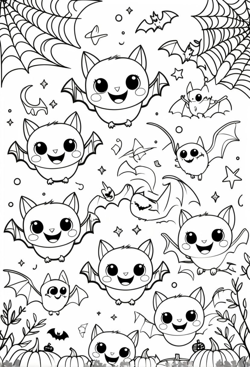 Halloween Coloring Pages for Kids Featuring 16 Cute and Friendly Characters and Scenes 23 A group of playful cartoon bats flying and hanging with Halloween decorations like pumpkins, moons, stars, and spider webs around them.